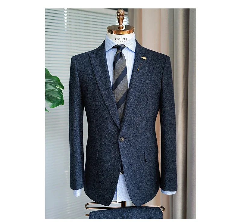 Tailor Shop Wool Herringbone Pattern Suit Men's Three-piece British Retro Tweed Slim Formal Dress Groom Wedding Dress Suit