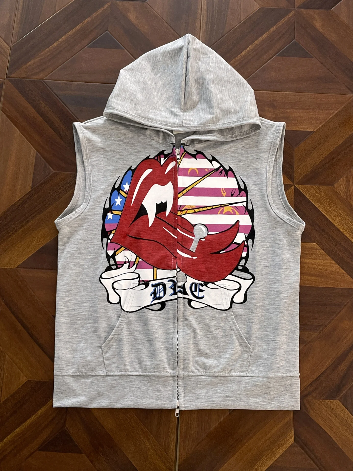 Retro Hooded Sleeveless Vest Men's American Street Loose Lip Print Zipper Open Cardigan Vest Jacket Youth Summer Casual Wear