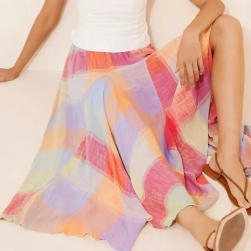 Elegante Frauen Bunte Plaid Falten Rock Y2K INS Mori Mädchen Hohe Taille Lose Sommer Urlaub Urlaub Langen Rock Streetwear – Detail 6