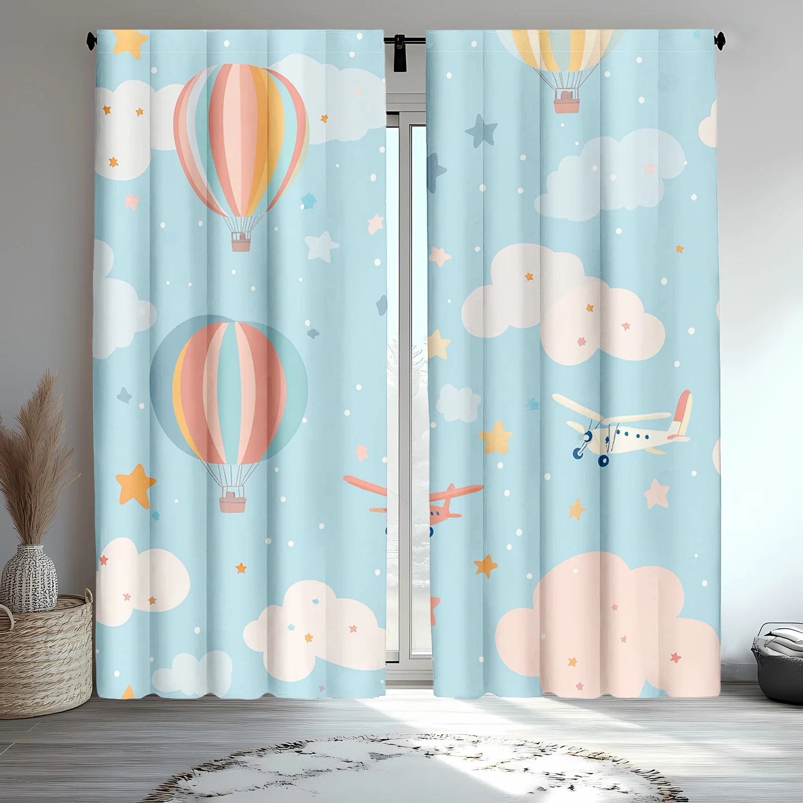 Cute Pastel Hot Air Balloon Cloud Print Curtain Pair for Nursery Kids Room Window Decoration Whimsical Children's Sky Theme Curt