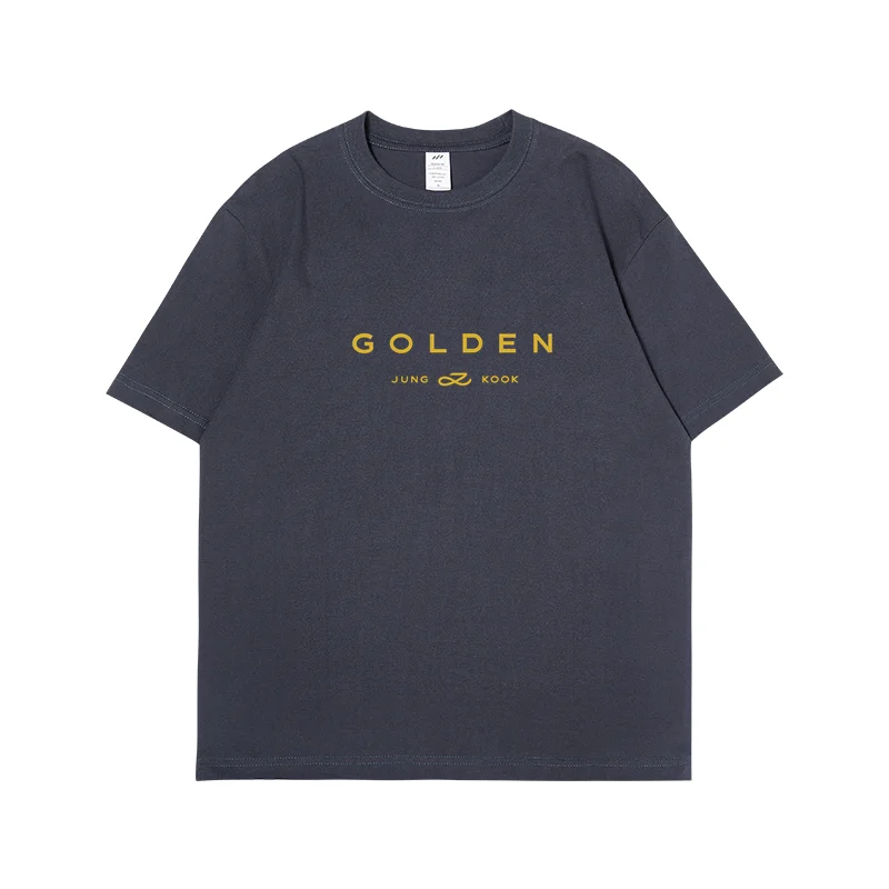 JungKook Gold Short sleeved Men\'s Aesthetic Standing by Your Side Short sleeved Cotton Album Letter Print Gold Short sleeved