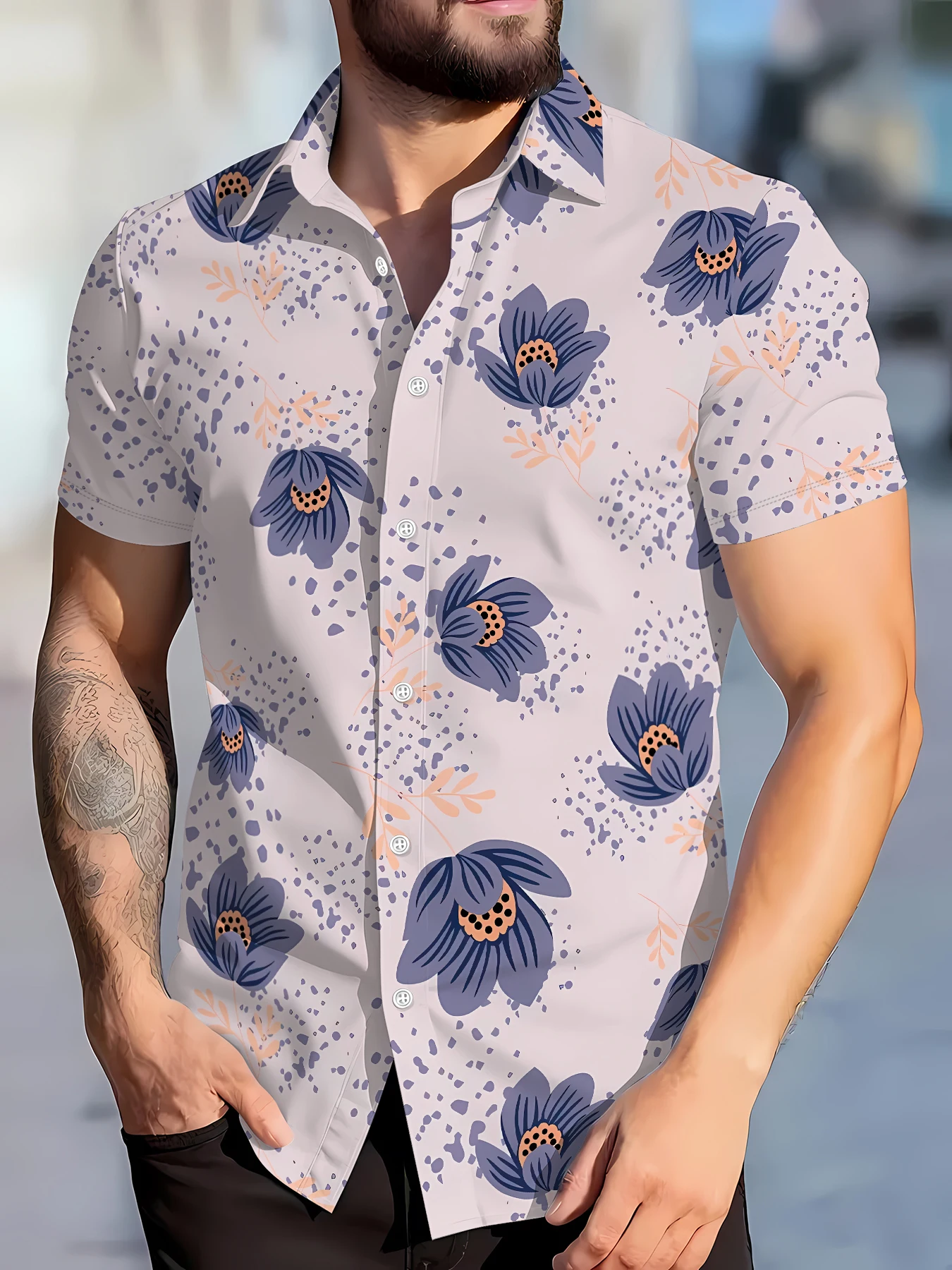 

2026 Summer New Style Men's Short-Sleeved Shirt with 3D Flower Pattern Print Street Casual Fashion Comfortable and Soft