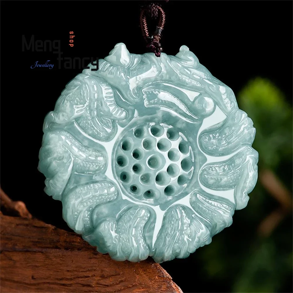 Natural A-goods Jadeite Blue Water Three-dimensional Zodiac Nine Dragons Play Beads Jade Pendant Exquisite Fashion Fine Jewelry