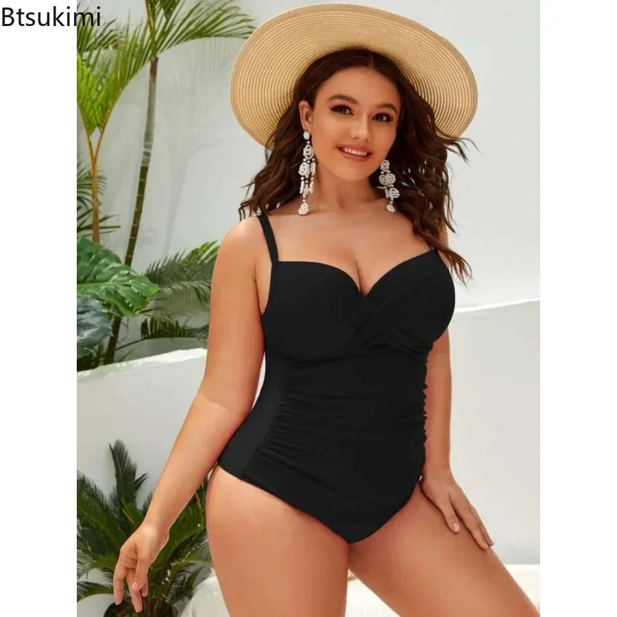 2024 Oversized Swimwear Pleated Hard Cup One Piece Bikini Solid Sexy Women's Swimsuit Push Up Surfing Suit Monokini Bathing Suit