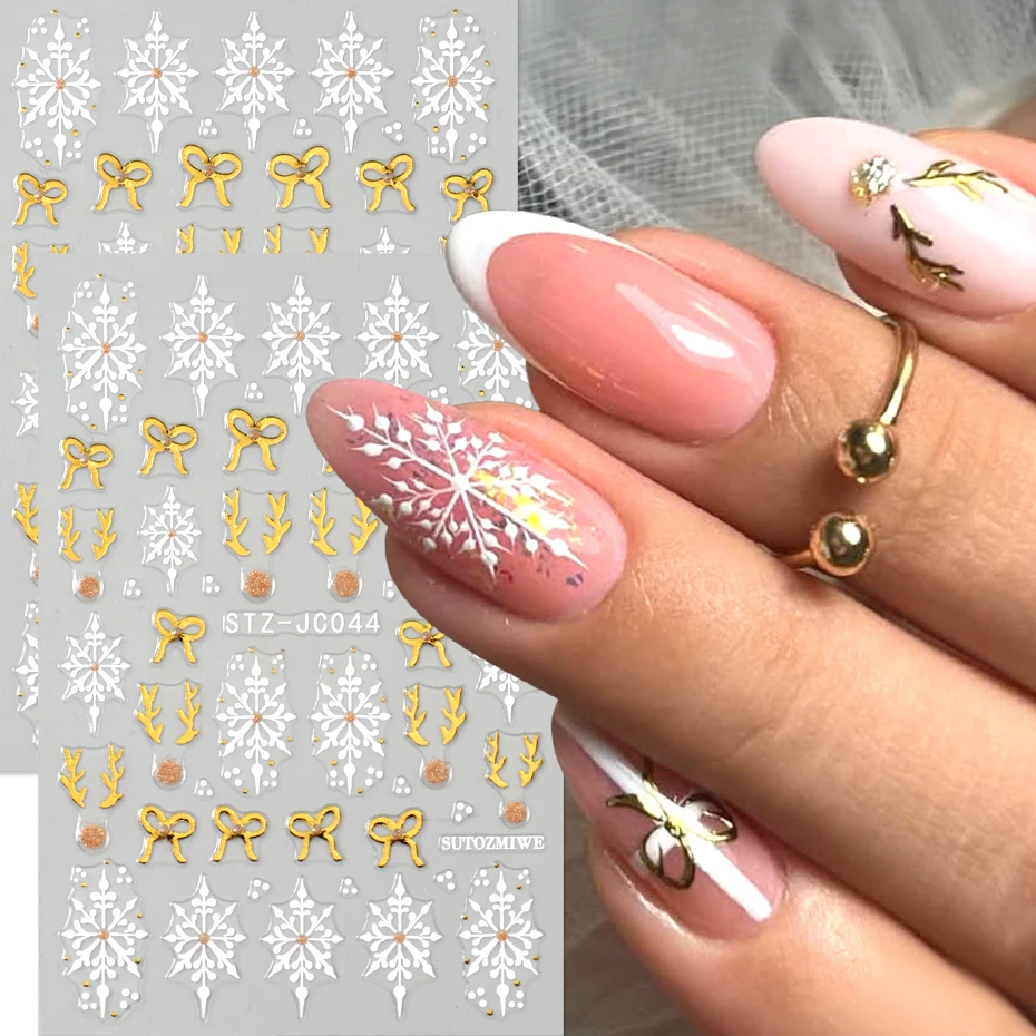 2pcs Sweet Gold Bow White Snowflake Nail Art Stickers Bow-knot Ribbon Deer Horns Christmas Nail Decal Sliders DIY Nail Supplies