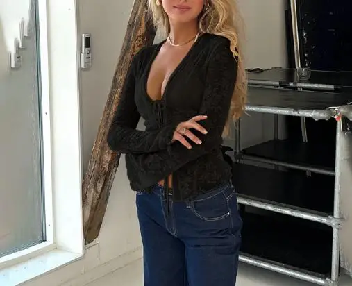 

Sexy and Elegant Crochet Lace See Through Design with Deep V-Neck Slim Fit Flared Sleeves Women's Versatile Long Sleeved Top