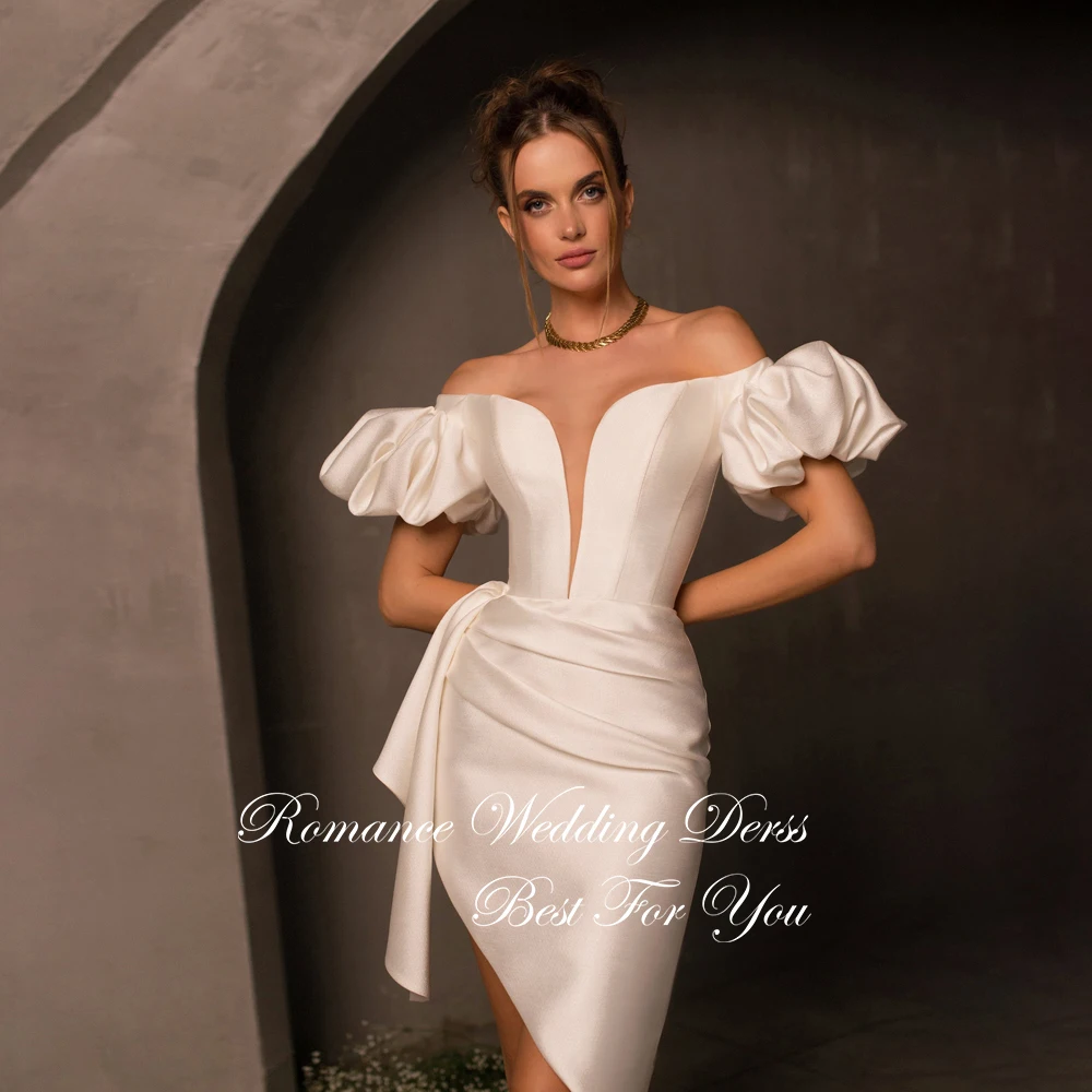 Moderno puff manga plissado curto bainha vestidos de casamento feminino com decote em v fora do ombro aberto volta cetim vestidos de novia personalizado