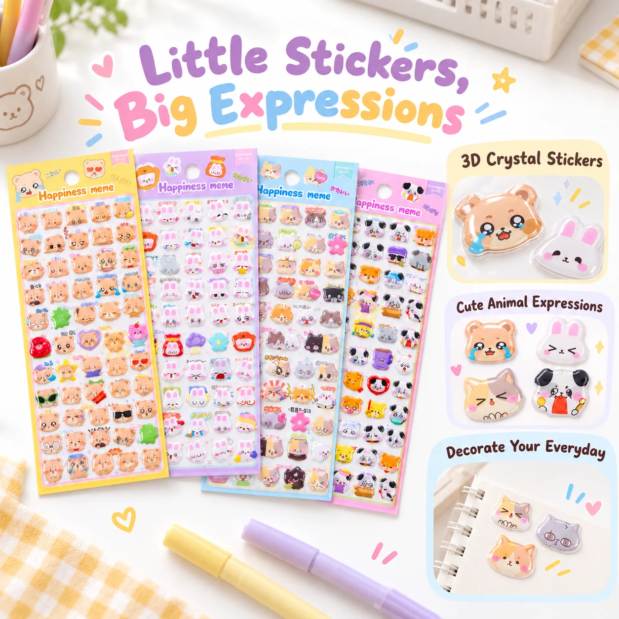 4 pcs Funny Animals Expressions 3D Crystal Stickers Scrapbooking DIY Journaling Stationery Diary Decor Stickers Cute Stickers