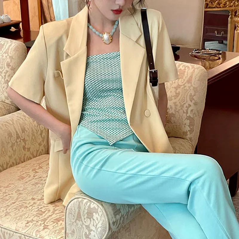 Retro Spring and Summer 2021 New Short-sleeved Green Suit Jacket Women's Thin Temperament Fashion Casual Small Suit Jacket