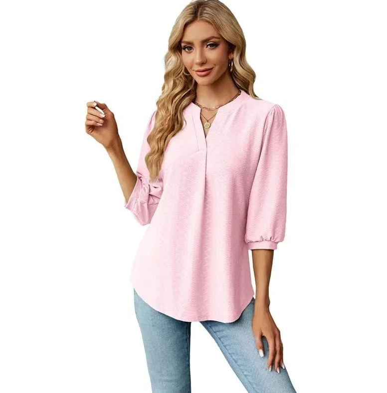 

Women's V-Neck 3/4 Sleeve T-Shirt Pure Color Jacquard Knit Top Loose Comfortable Fit for Spring Autumn and Winter