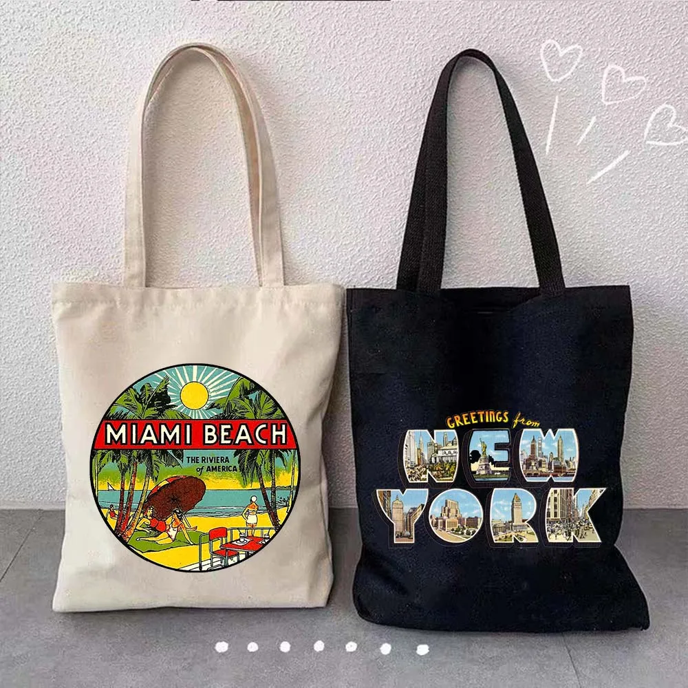 Bolso de mano de lona con letras de Nueva York, urbano, ciudad, Athens, sabana, Ghana, Chicago, colon, Miami, playa, NYC, Shopper, bolsos de algodón