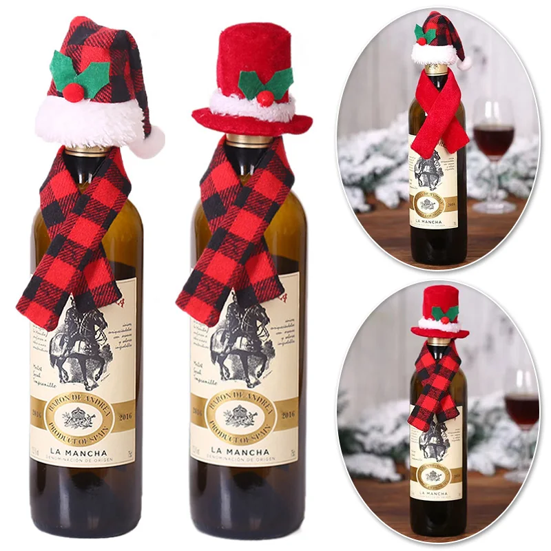 Christmas Wine Bottle Cove Set New Poinsettia Hat and Scarf Wine Bottle Cover Xmas Party Home Table Decoration New Year Gift