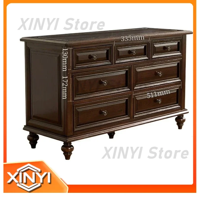Seven-Drawer All Solid Wood Chest Cabinet for Living Room Wall Storage Rustic Pastoral Retro Bedroom Chest for TQH