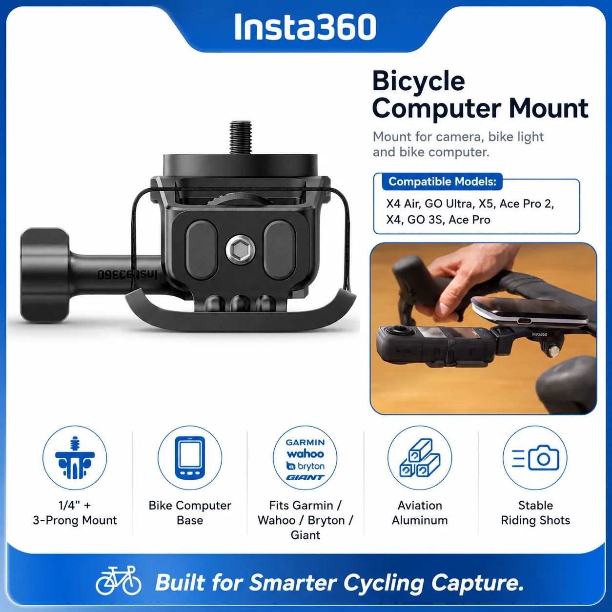 Handlebar Integrated Bike Computer Camera Bracket 1/4 3-Prong Adapter Fit Insta360 Ace Pro 2 X5 GO Ultra