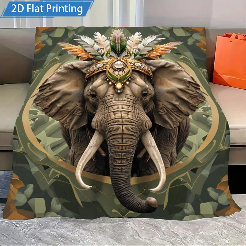 

1pc Flannel Blanket Elegant Elephant Blanket with Tribal Feathers for Cozy Living Room Decor
