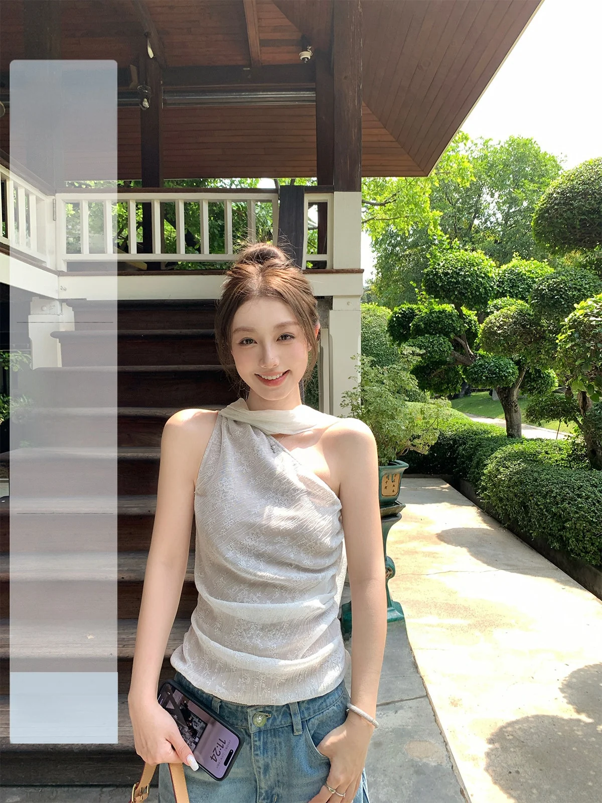 Top de encaje casual coreano para mujer, modelo delgado, con hombros descubiertos, estilo veraniego, color castaño, Pure Desire.