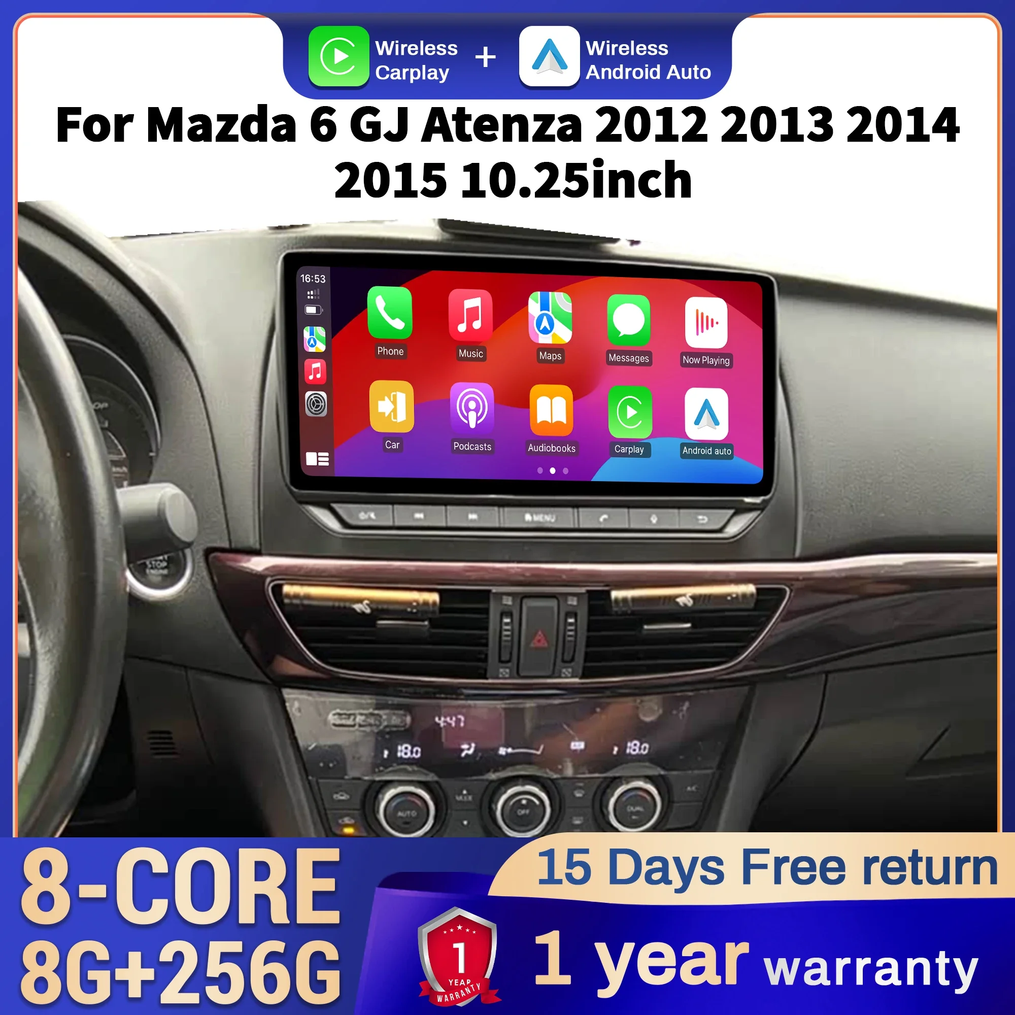 

10.25inch Car Radio For Mazda 6 GJ Atenza 2012 2013 2014 2015 4G Head Unit Wireless Bluetooth CarPlay Touch Screen Stereo