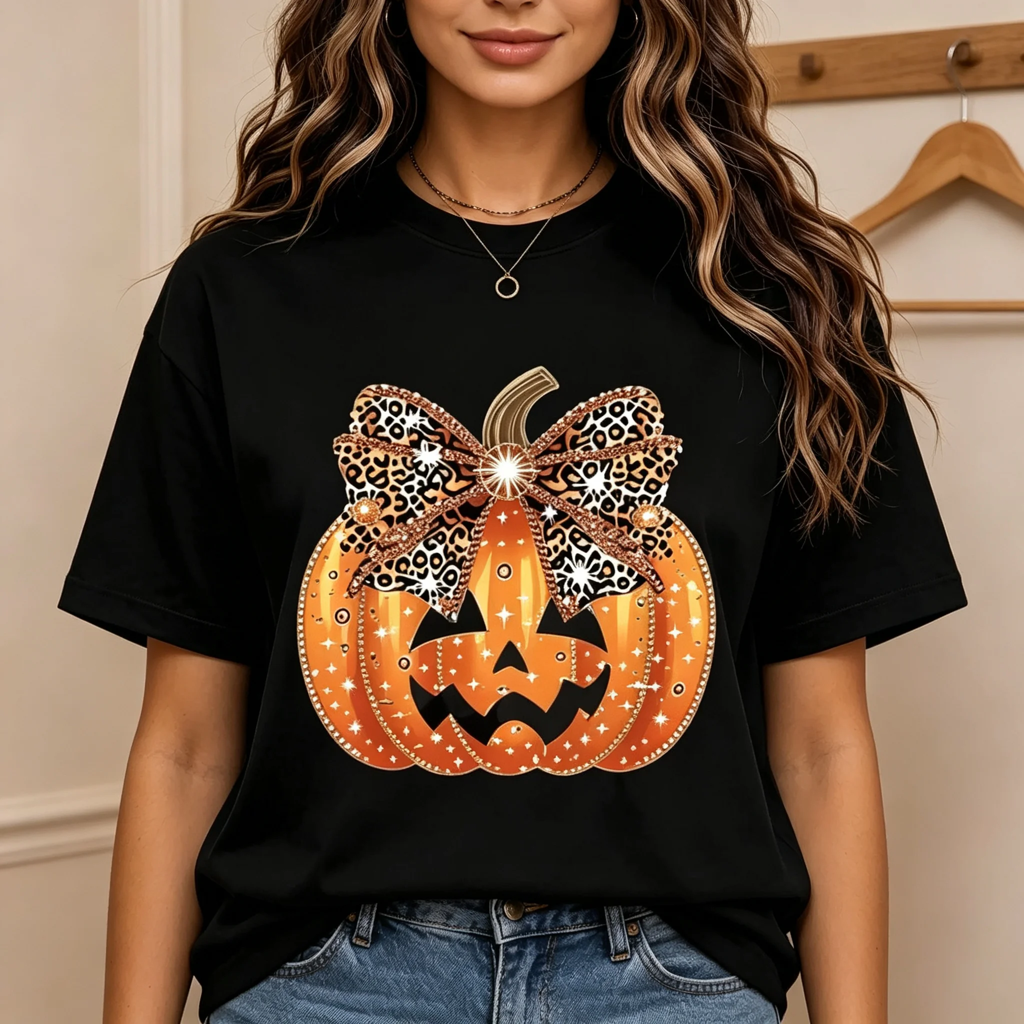 Women's Halloween Pumpkin Graphic T Shirt Leopard Bow Jack O Lantern Print Short Sleeve Tee Cute Fall Casual Top for Women