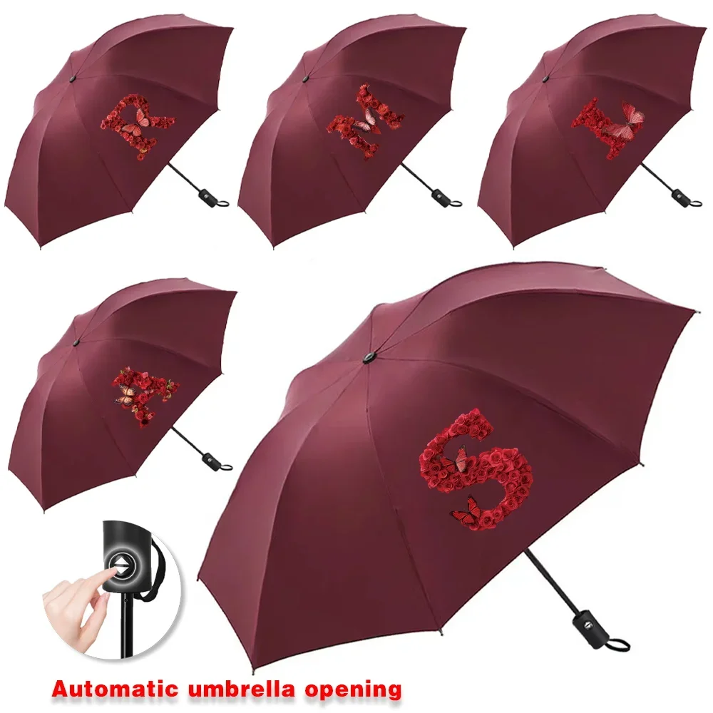 Automatic Umbrellas for Sunshine Rainy Windproof Strong Umbrella Folding Buckle Handle Double Bone Resistant Red Rose Print