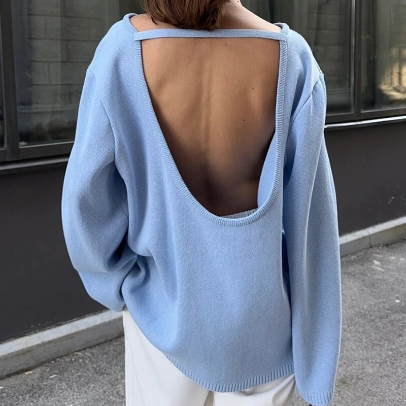 DemoRave Gestrickte Backless Pullover Frauen Sexy Elegante Lose Langarm Pullover Herbst Ästhetischen Casual Solide Strickwaren Weibliche