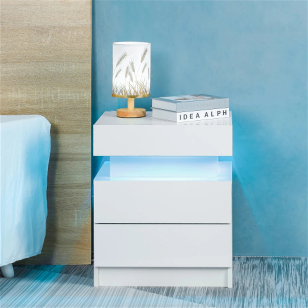 

LED Nightstand Modern White Nightstand with Led Lights Wood Led Bedside Table Nightstand with 2 High Gloss Drawers for Bedroom