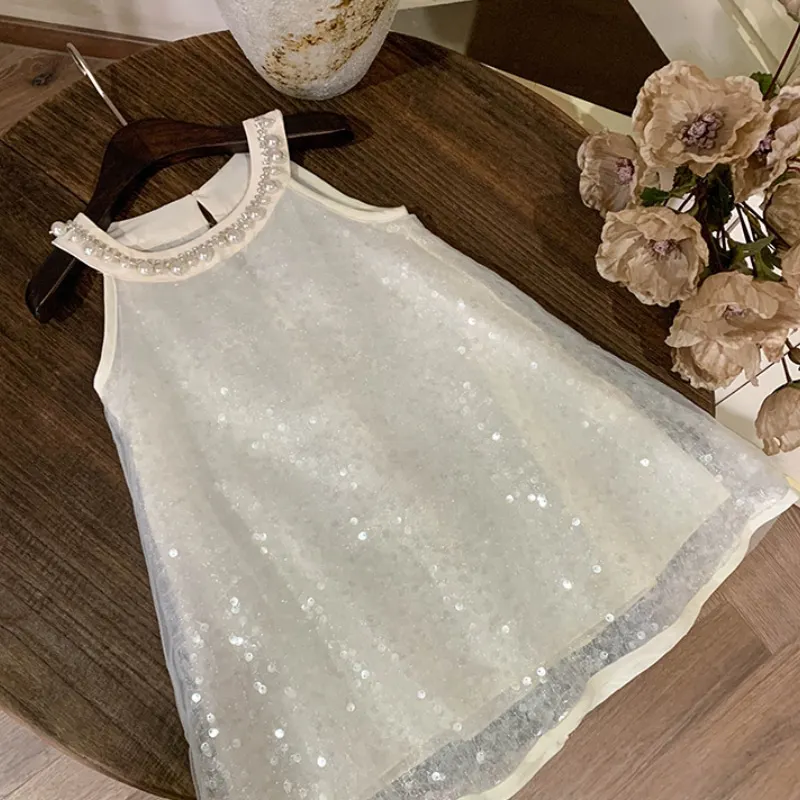 Newborn Baby Girl Princess Pearl Sequin Dress Sleeveless Infant Toddler Child Tulle Vestido Party Birthday Baby Clothes 1-12Y