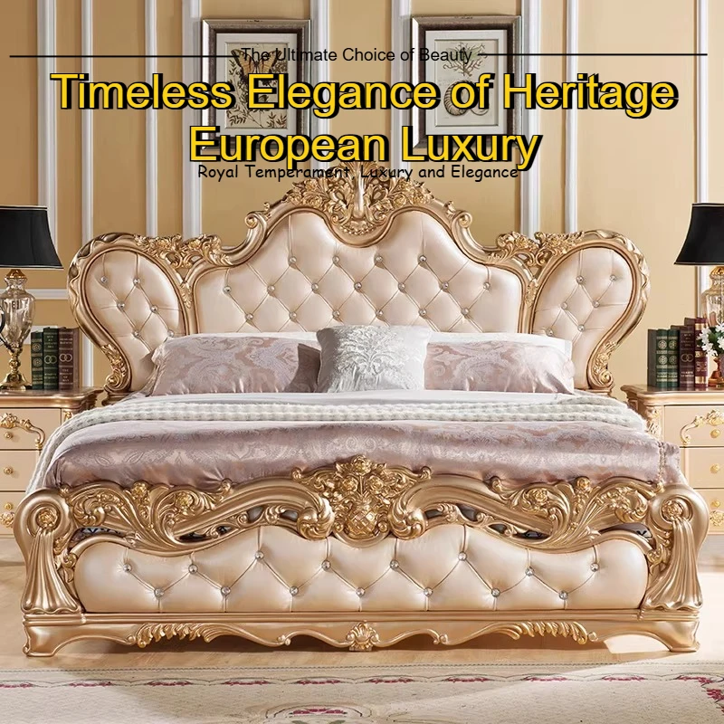 

Golden Decor Double Bed Art Fashion Luxury Modern Bed 2 People King Size Frame Bedside Table Drawers Hotel Bedroom Furniture