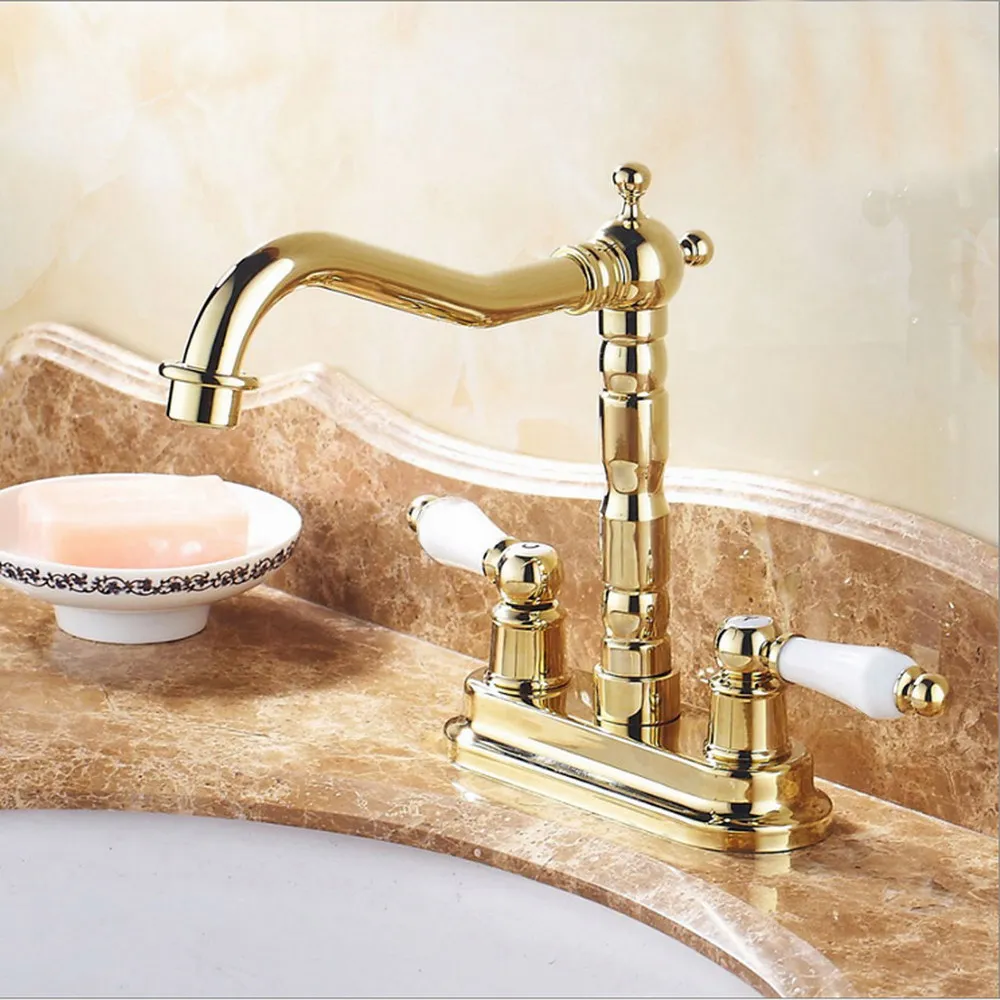 Gold Color Brass Deck Mount Double Handle Bathroom Faucet Vanity Vessel Sinks Mixer Tap Cold And Hot Water Tap Nnf431