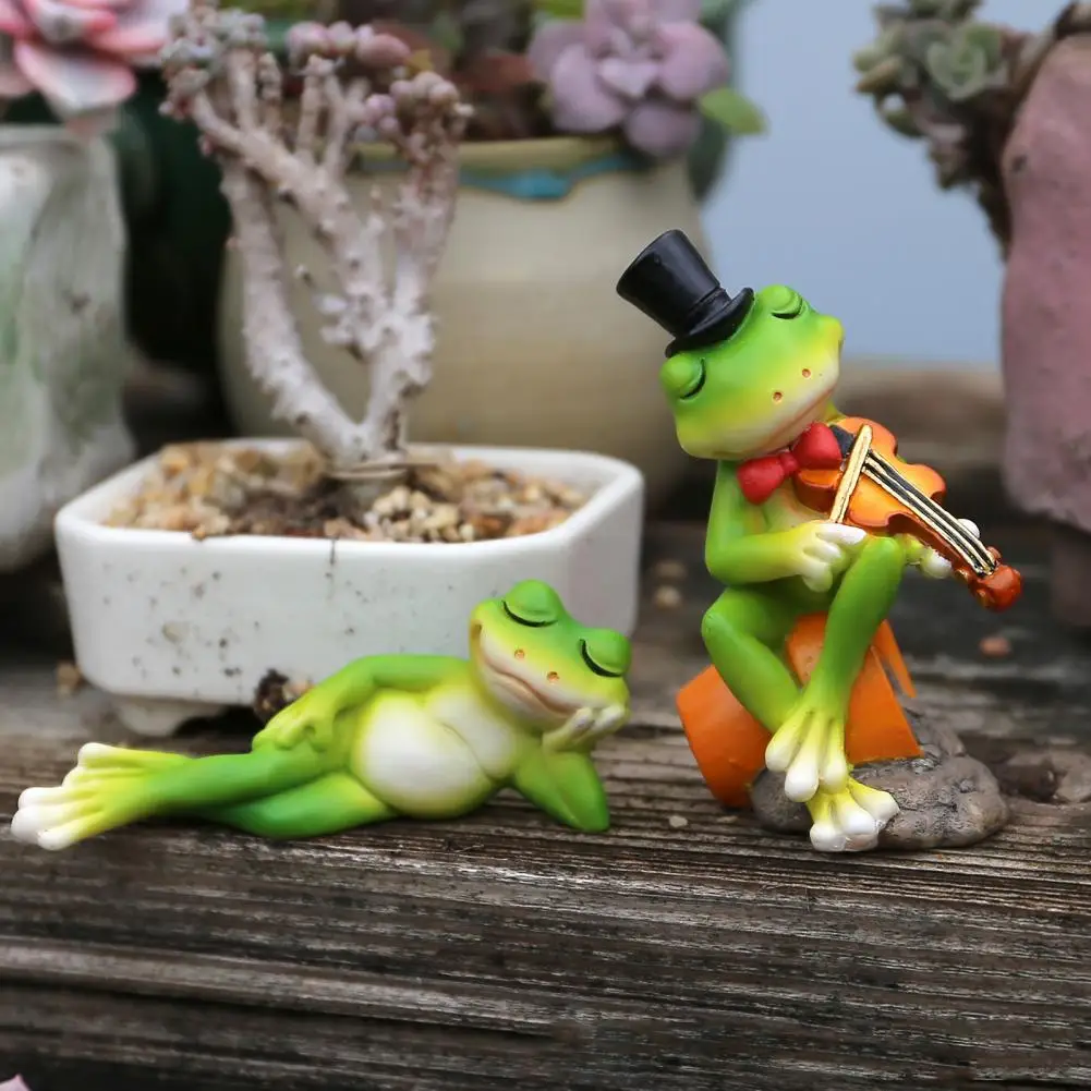 Micro Landscape Ornaments Mini Garden Decorations Mini Frog Violin Playing Statue Hand-painted Resin Garden Figurine for Patio