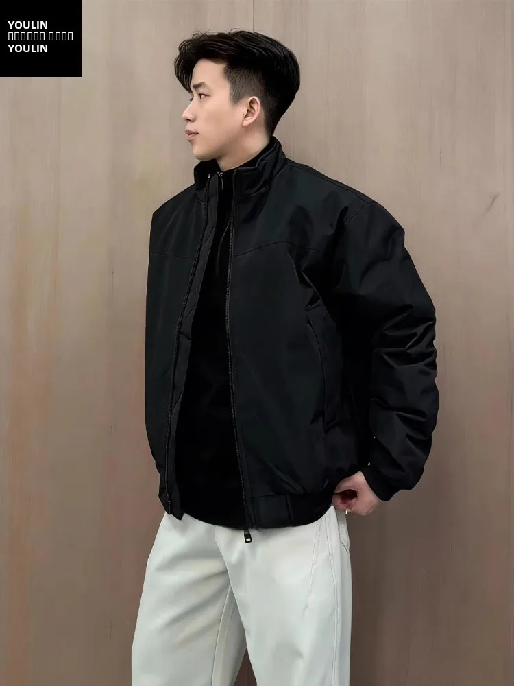 American Style Short Black down Jacket Men's Winter Warm Thickened Cotton Insert Stand Collar Waterproof Youth Fashion