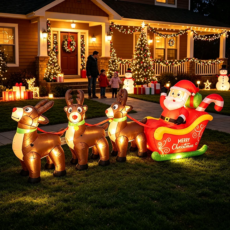 2026 New 9.8FT Christmas Big Inflatable Santa Sleigh with 3 Reindeer LED Blow Up Outdoor Yard Decor for Garden Lawn Holiday Party lovely Santa Claus LED Lighted