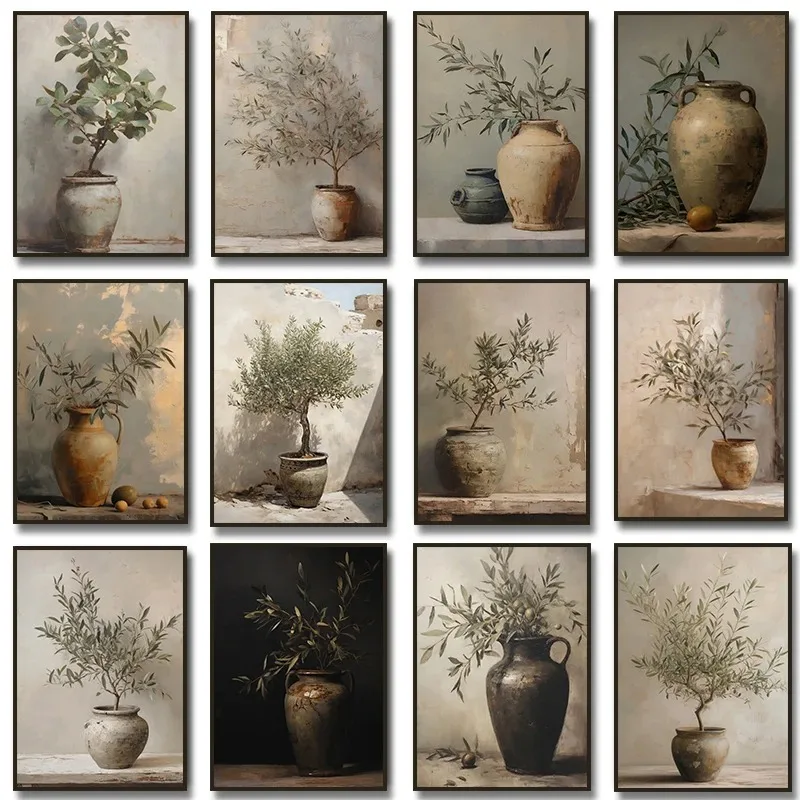 Vintage Minimalist Wall Art Italy Olive Tree in Vase Canvas Painting Poster Prints Still Life Botanical Antique Home Room Decor