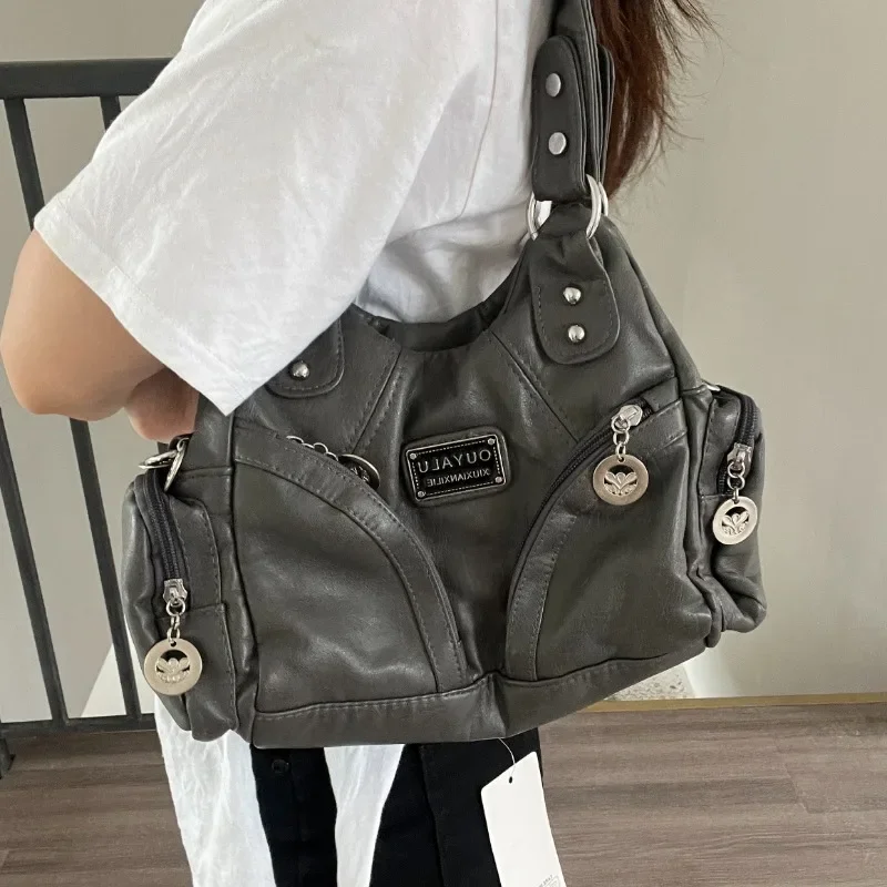 Xiuya Y2k Vintage Shoulder Bag for Women Large Capacity Gothic Soft Pu Leather Motorcycle Handbag Casual Gray Mens Armpit Bag