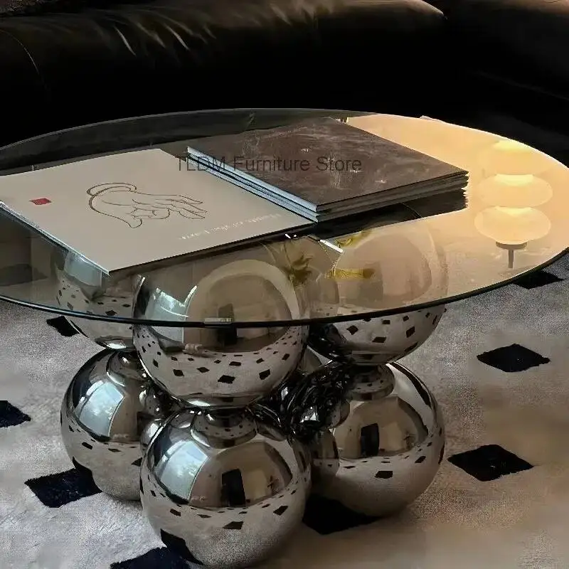 Modern Glass Top Coffee Table with Metal Spherical Base, Luxury Round Living Room Center Table, Stylish Home Decor Furniture