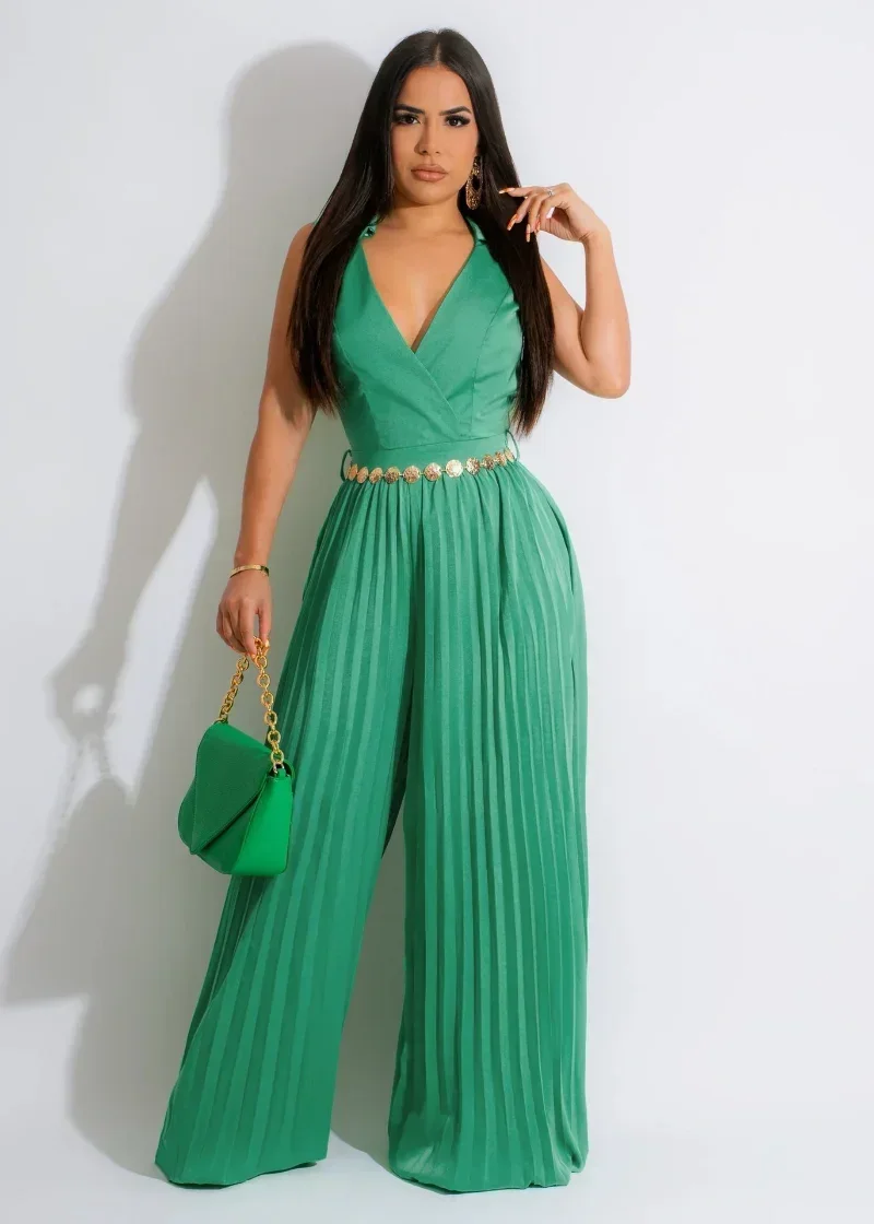 KEXU Pleated Wide Leg Skirt Wrap Wrap V-neck with Belt Sleeveless Women Jumpsuit  Blazer Playsuit One Piece Suit Romper