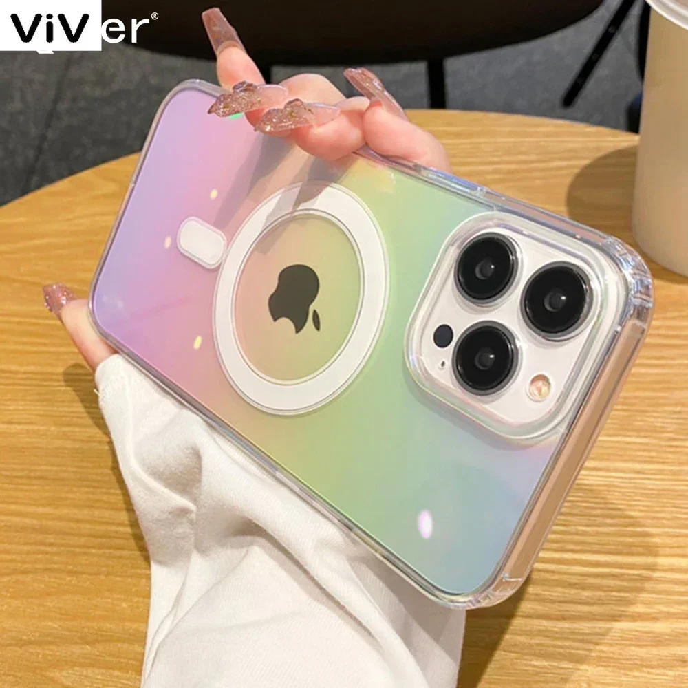 Transparent Gradient Rainbow Laser Phone Case For iPhone 16 15 14 Pro Max 13 12 11 For Magsafe Magnetic Wireless Charging Cover