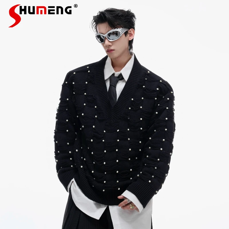 

Осень 2024, новая мода, свитера с v-образным вырезом и жемчугом, однотонный с кисточками, шикарный вязаный топ с длинными рукавами, мужской красивый трикотаж