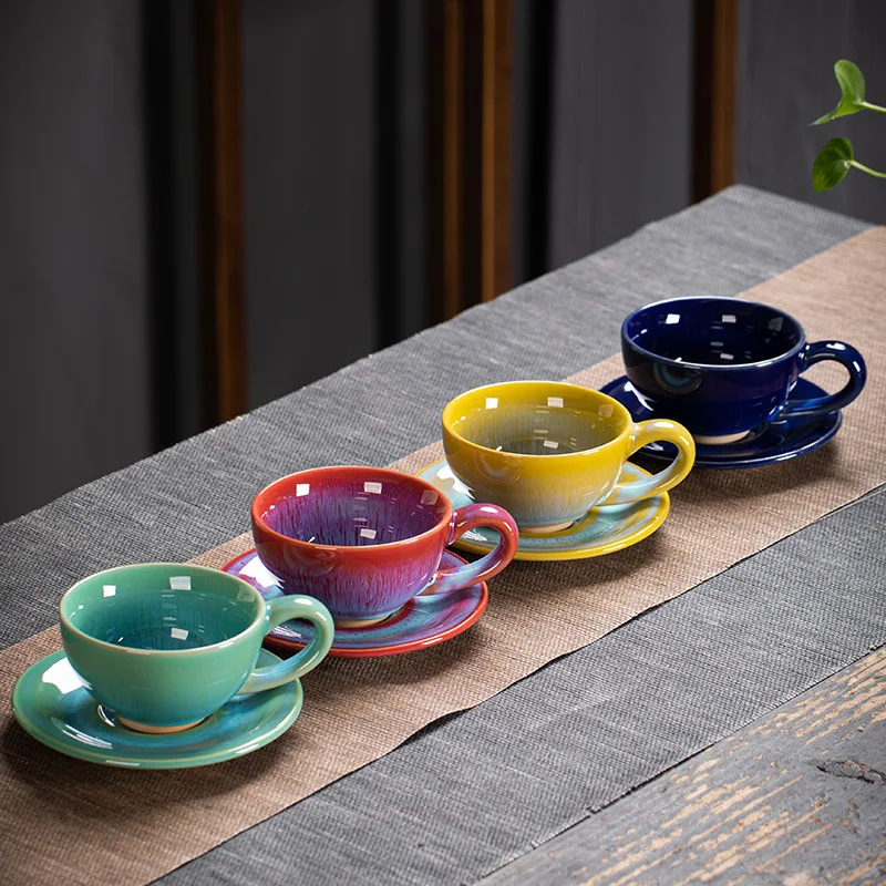 

Ceramic Kiln Changed Coffee Cup and Saucer Set Creative Vintage Chinese Breakfast Cups Afternoon Tea Drinking Utensils