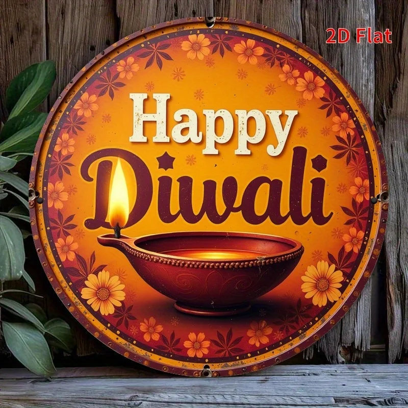 CIFBUY Retro Happy Diwali Celebration Diya Flower Sign, Aluminum Wall Art Waterproof Wear Resistant Round Metal Plaque for Home