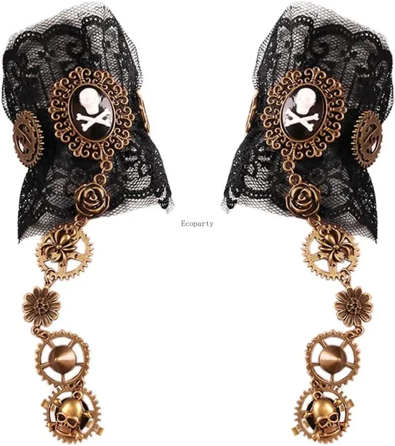 

Bronzing pirate Fingerless Gloves Gothic Floral Lace Steampunk Wristband Ring Vintage Beaded Gloves Bridal Bracelet Ring Set