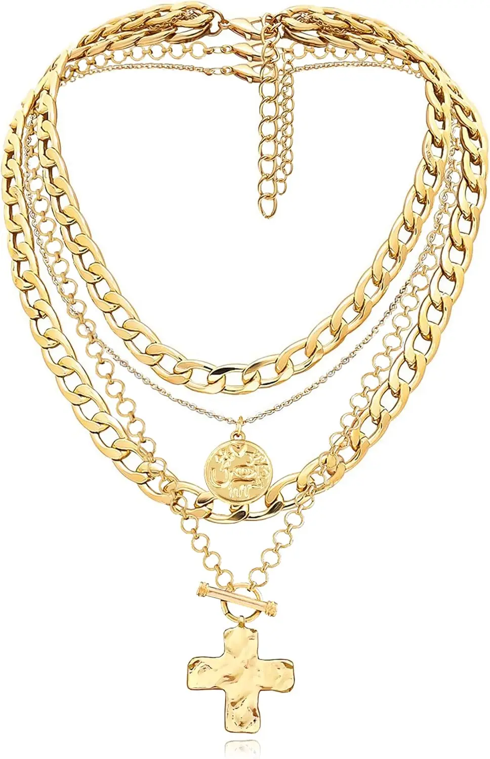 

Trendy Layered Necklaces for Women Retro Coin Cross Pendant Dainty Chunky Chain Jewelry Birthday Gift