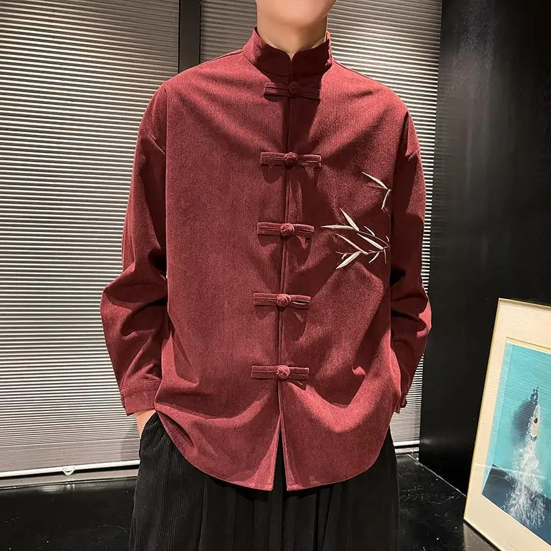 Chinese Style Stand Collar Hand Buttoned Bamboo Embroidered Long Sleeved Tang Suit Top Shirt Men's 2024 Autumn Casual Jacket