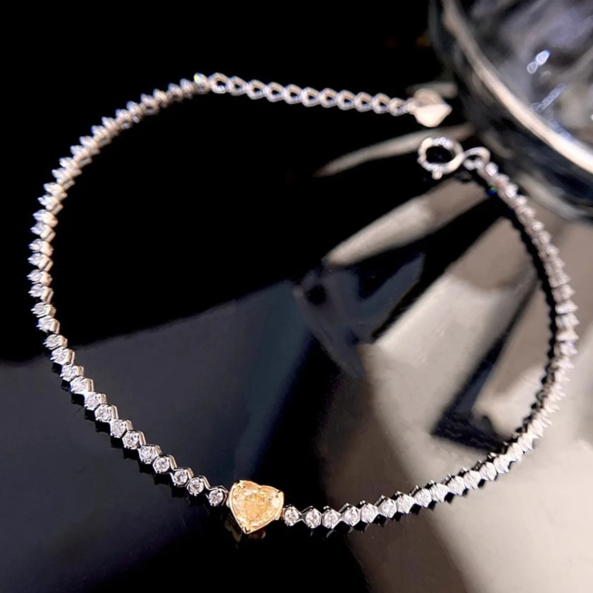 

Bling Ins Luxury 925 Silver Heart Cut Yellow Moissanite Full Diamond Tennis Chain Bracelet Sweet Gifts Platinum Heart Jewelry