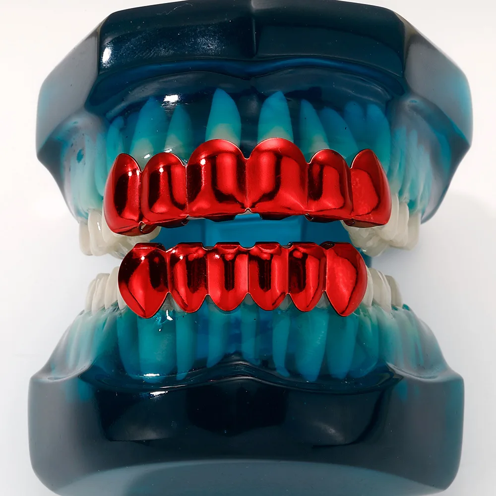 Red Copper Grillz Set Unisex 6 Teeth Upper Lower Tooth Caps Smooth Polished Hip Hop Dental Jewelry Halloween Costume Accessories