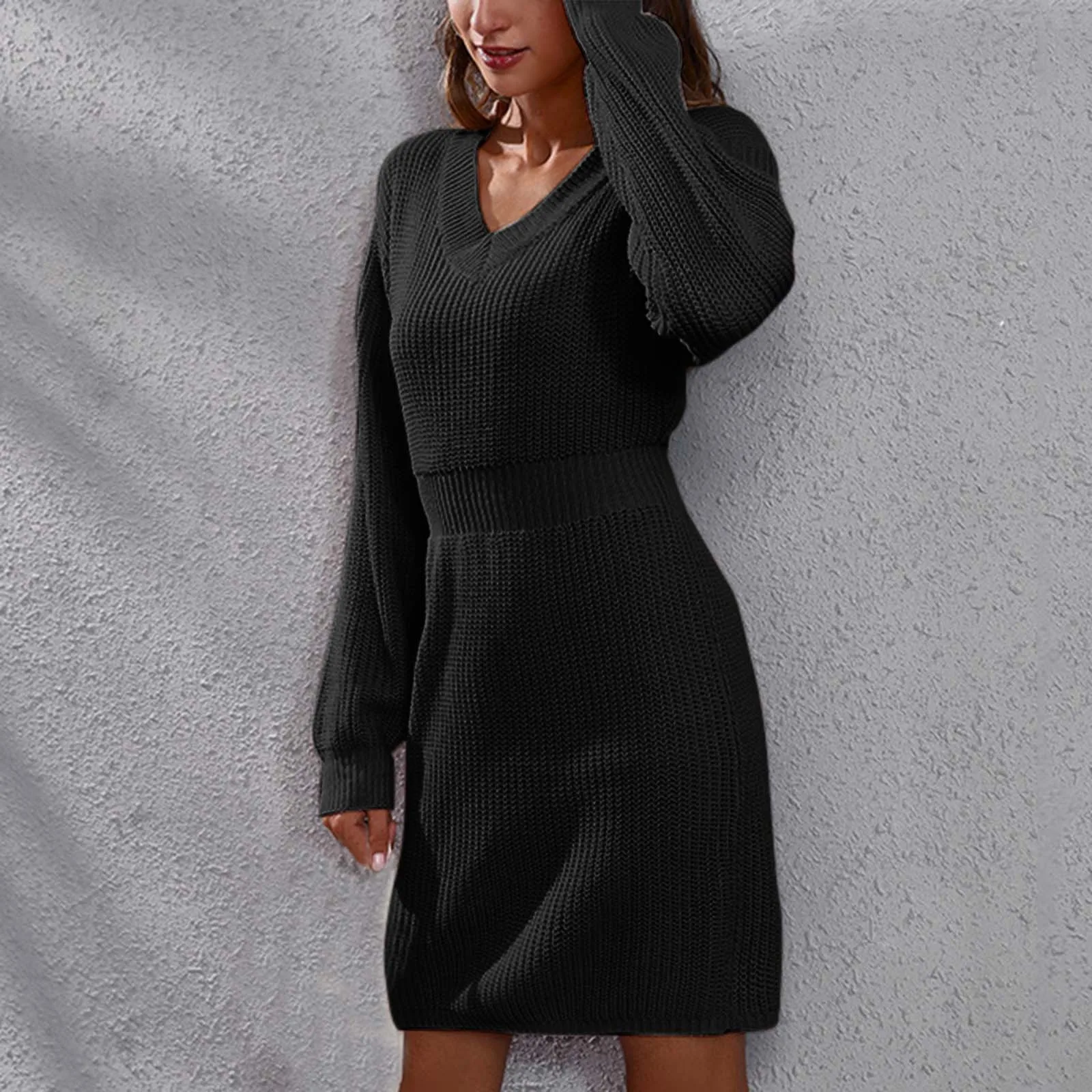 

V-Neck Knitted Sweater Dress Women Casual Solid Loose Long Sleeve Pullovers Mini Dresses 2024 Autumn Winter Female Warm Vestidos