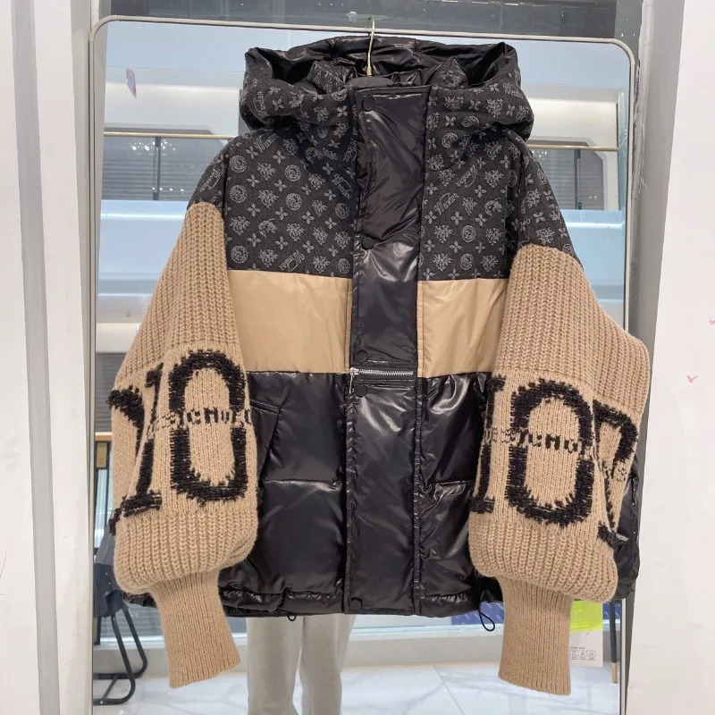 Women's New Style Patchwork Hooded Down Jacket Knitted Sleeves Letters Thickened White Duck Down Outerwear Jackets for Women