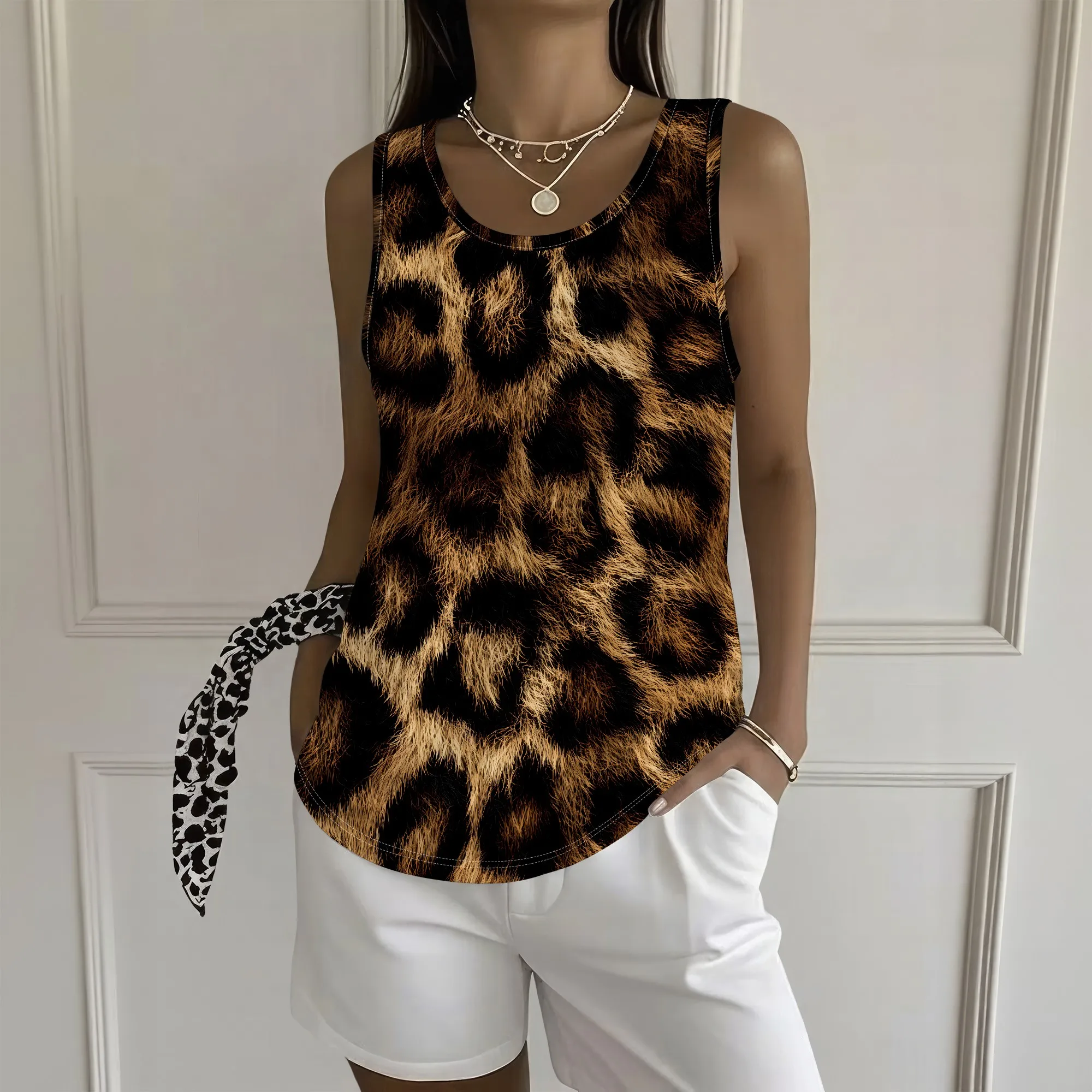 Leopard Print Tank Top, Animal Pattern Sleeveless Shirt, Casual Summer Blouse, Side Tie Detail, Vacation Beach Wear, S-2XL