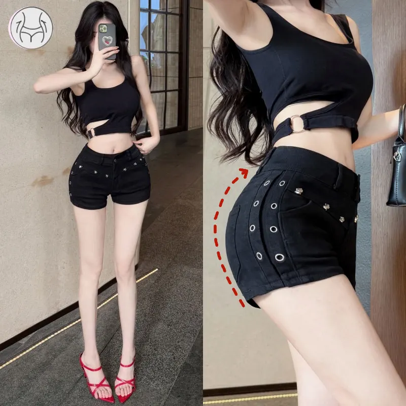 Sexy American Girl Black Denim Shorts Low Waist Butt Covering Nail Low Rise Super Short Pants Cotton Summer New Arrival