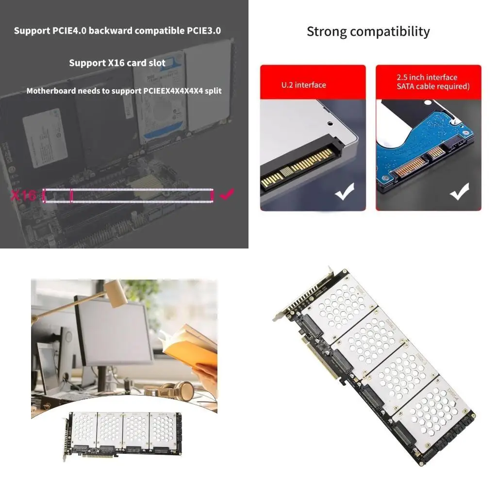 31BA M.2 SFF8639 NVMe Solid Disk Expansion Card, Fits 4 Disks into PCIe X16 Slot For Motherboards Support PCIE X4X4X4X4X4 Split