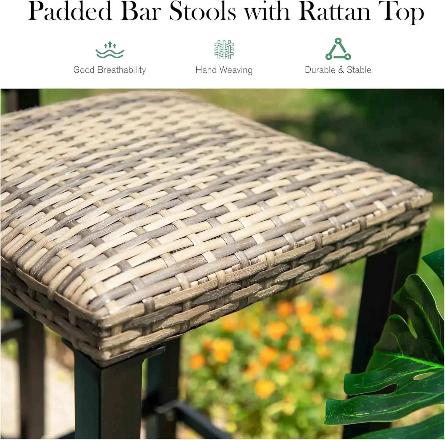 Outdoor Patio Bar Stools Set of 4, Counter Height Backless Rattan Wicker Bar Chairs with Adjustable Feet Mats, Patio Furniture w